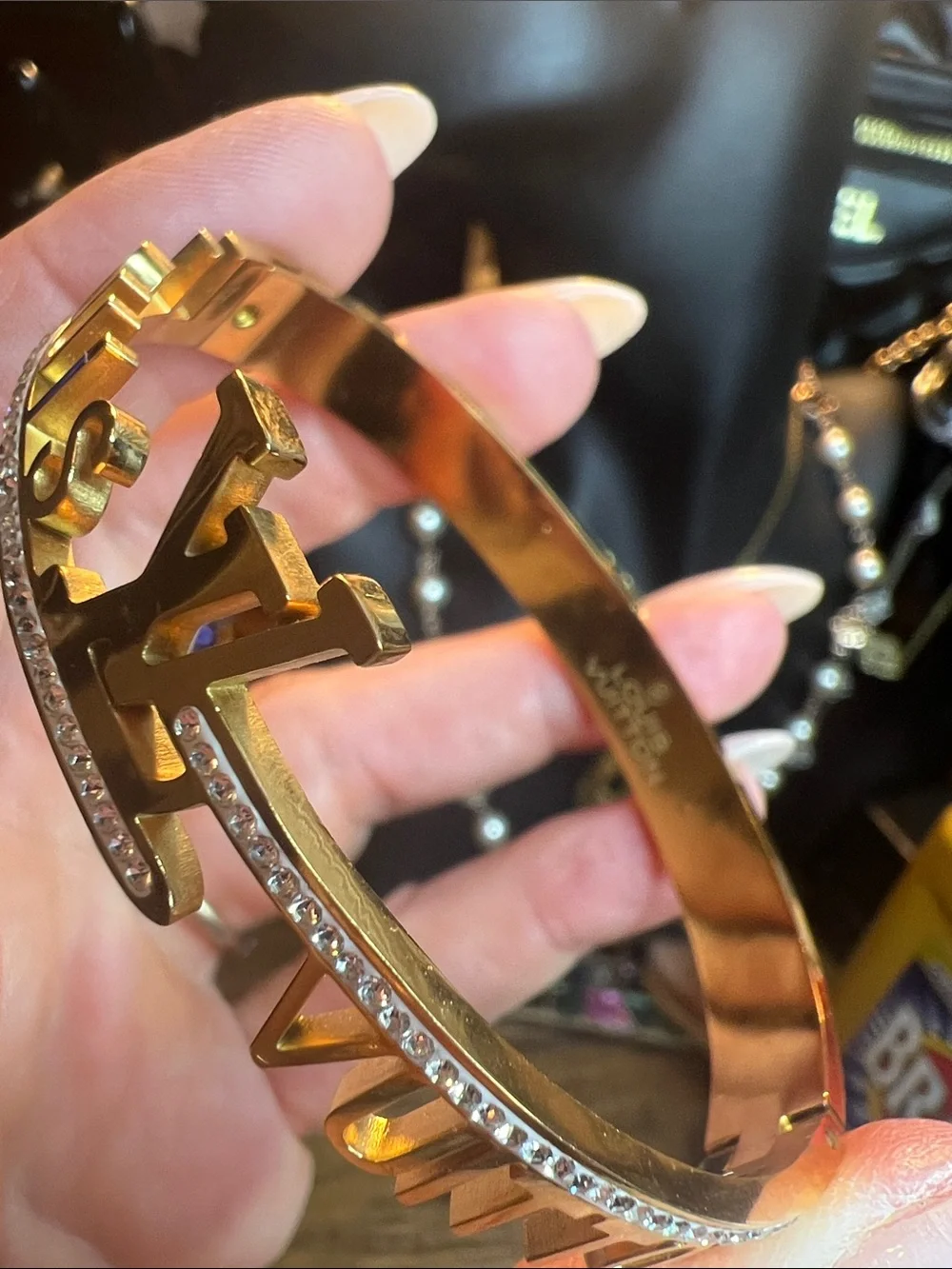 Gold-Tone Stainless Steel Letter Accent Hinged Cuff Bracelet - Women Jewelry
